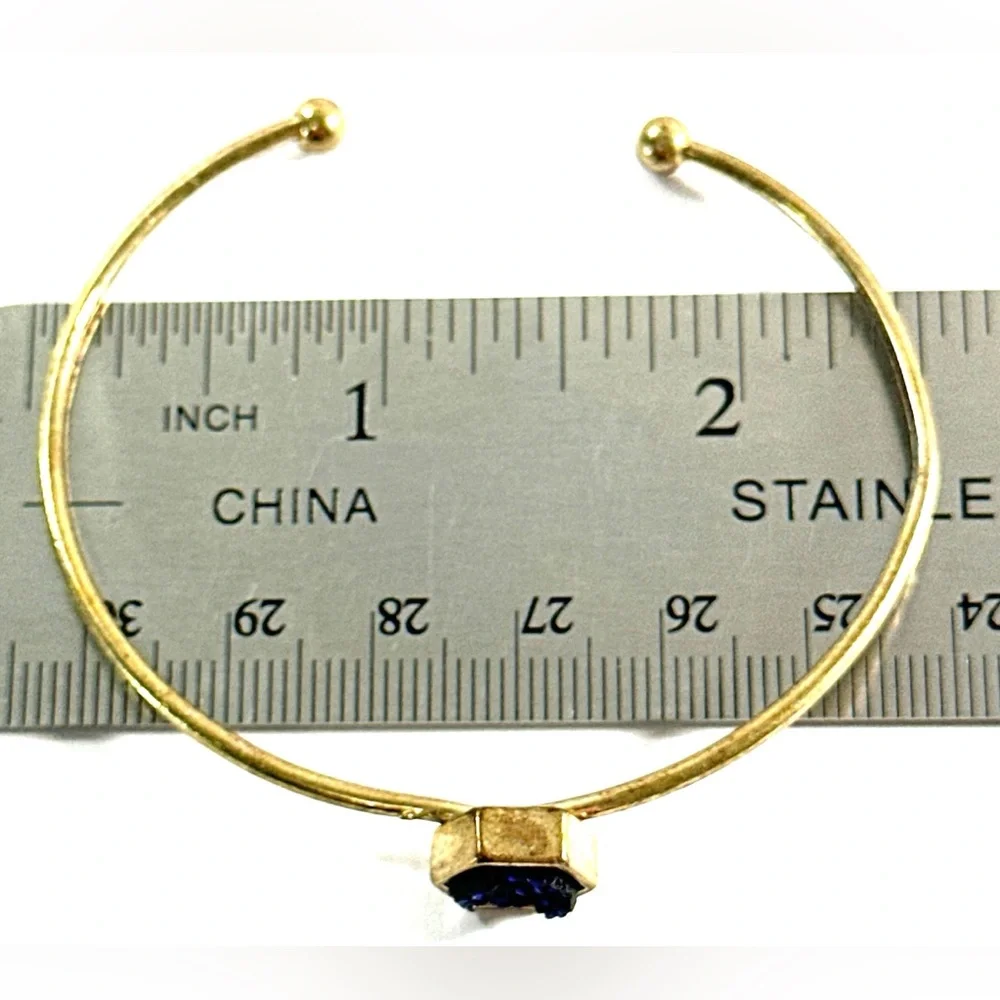 Brass Tone Bangle Bracelet W/Blue Drusy Quartz Stone Adjustable - Picture 4 of 6